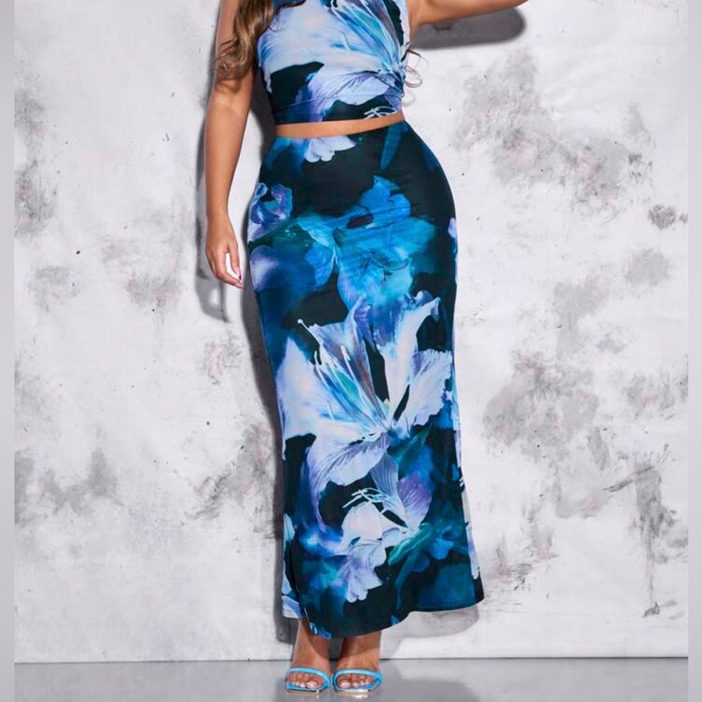 Blue Mesh Floral Maxi Column Skirt Y2K Vibes